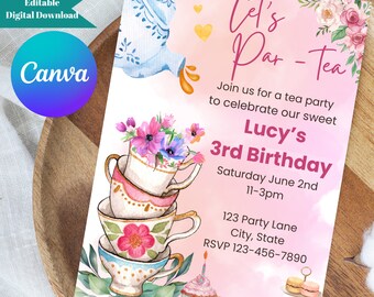 May include: A pink and white tea party invitation with a watercolor illustration of a stack of teacups and a teapot pouring tea. The invitation says "Let's Par-Tea" and includes the text "Join us for a tea party to celebrate our sweet Lucy's 3rd Birthday. Saturday June 2nd 11-3pm 123 Party Lane City, State RSVP 123-456-7890".