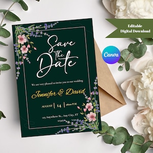 Floral Wedding Save the Date Invitation: Editable Canva Template (Digital Download)