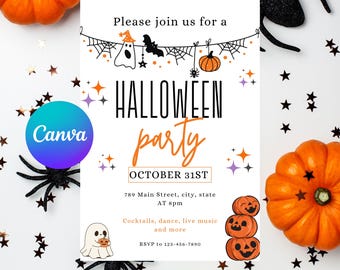 Editable Halloween Party Invitation Template, Spooky Ghost Pumpkin Design (Digital Download)