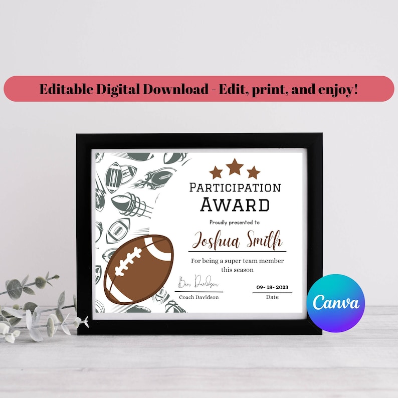 Football Award, Editable Football Participation Certificate, Football