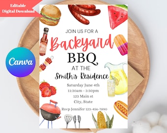 May include: A printable invitation for a backyard BBQ at the Smith's Residence. The invitation features watercolor illustrations of food and drinks, including hamburgers, hot dogs, watermelon, corn on the cob, lemonade, and popsicles. The text reads "Join us for a Backyard BBQ at the Smith's Residence, Saturday June 4th, 11:30am - 3:30pm, 123 Main st, City, State, Rsvp Jennifer 123-456-7890".