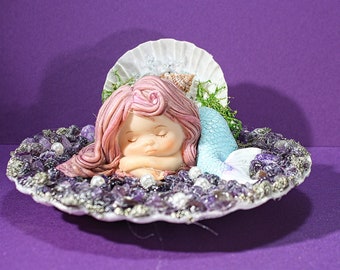 Mermaid Sleeping on a bed of Amethyst Crystals and Iron Pyrite NEW