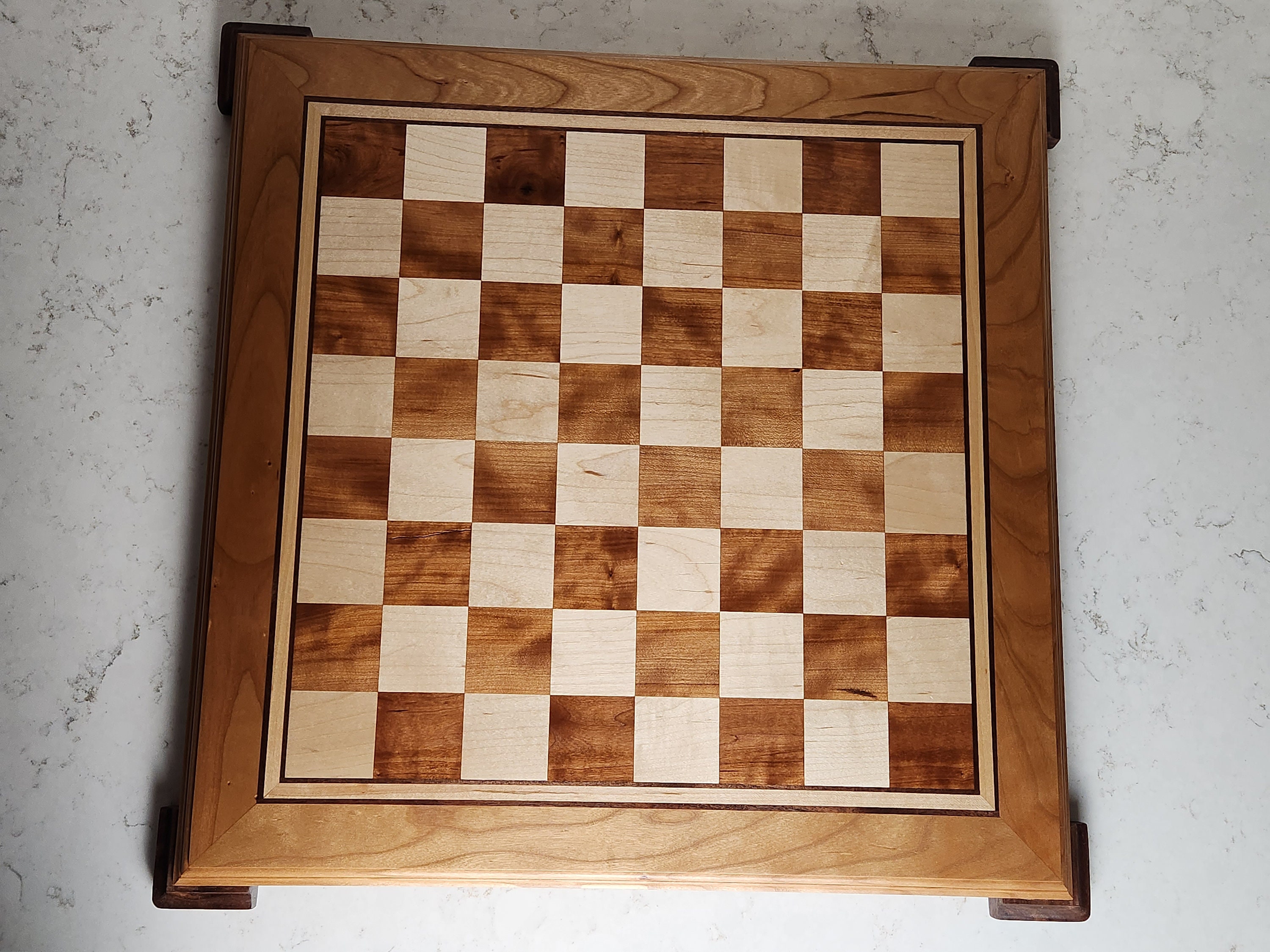 Sweet Hill Wood Chess Boards. Walnut and Maple Chess Board - 3 inch squares  - curly maple accent frame