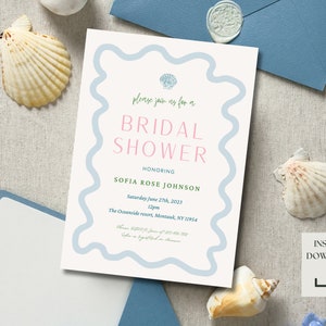 Coastal Wavy Invitation Template,  Hand painted wavy border bridal shower invitation template, Editable scalloped border invitation template