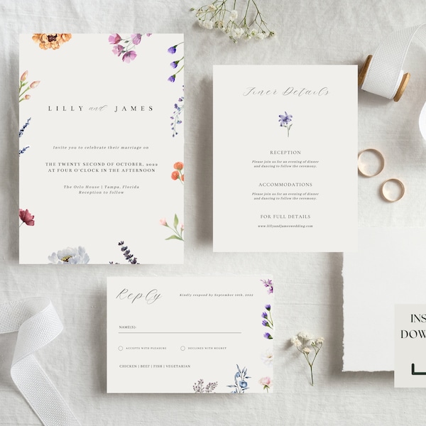 Wedding Invitation Template, Invitation Suite, Wildflower, Floral Wedding Invite, RSVP and Detail, Editable, Printable, Instant Download