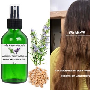 May include: A green glass bottle of Wild Roots Naturals Leave-In Hair Growth Spray, 4 fl oz, with rosemary, lavender, clove, peppermint, tea tree, and rice water. The image also shows a woman with long hair, with the text "NEW GROWTH".