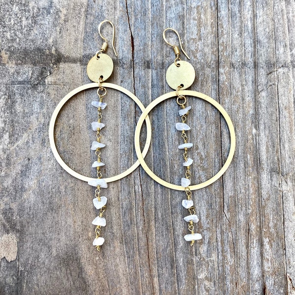 Moonstone earrings, gold pearl earrings, gold hoop earrings, wedding jewelry, raw crystal earrings, rose Quartz, amethyst, peridot earrings