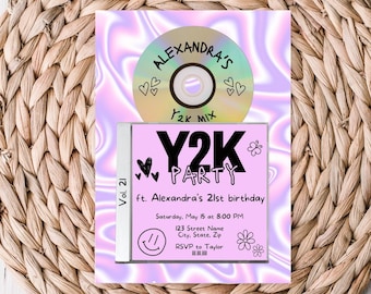 May include: A pink and purple holographic invitation for a Y2K party celebrating Alexandra's 21st birthday. The invitation features a CD with the text "Alexandra's Y2K Mix" and the text "Y2K Party" with a butterfly and hearts. The invitation includes the date, time, and RSVP information.