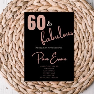 Digital 60 And Fabulous Birthday Invitation - 60th Birthday Invitation - Black and Rose Gold Birthday Invitation - Digital Template