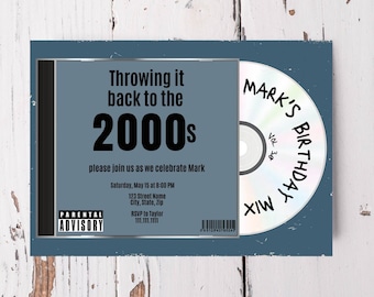 May include: A blue and black CD case with a white CD inside. The case has a parental advisory sticker and the text "Throwing it back to the 2000s". The CD has the text "Mark's Birthday Mix" on it.