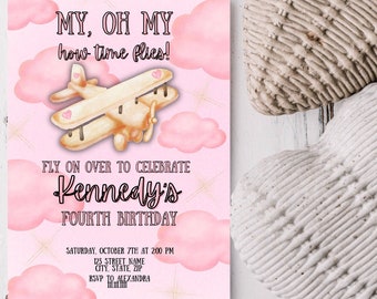 Digital My Oh My How Time Flies Invitation - Airplane Time Flies - Pink Airplane - Girly Birthday Invitation - Airplane - Pink