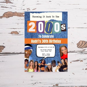 May include: A birthday party invitation with a denim background and the text "Throwing It Back To The 2000s To Celebrate Audri's 30th Birthday". The invitation features a collage of images from the 2000s, including celebrities like Beyonce and Jay-Z.