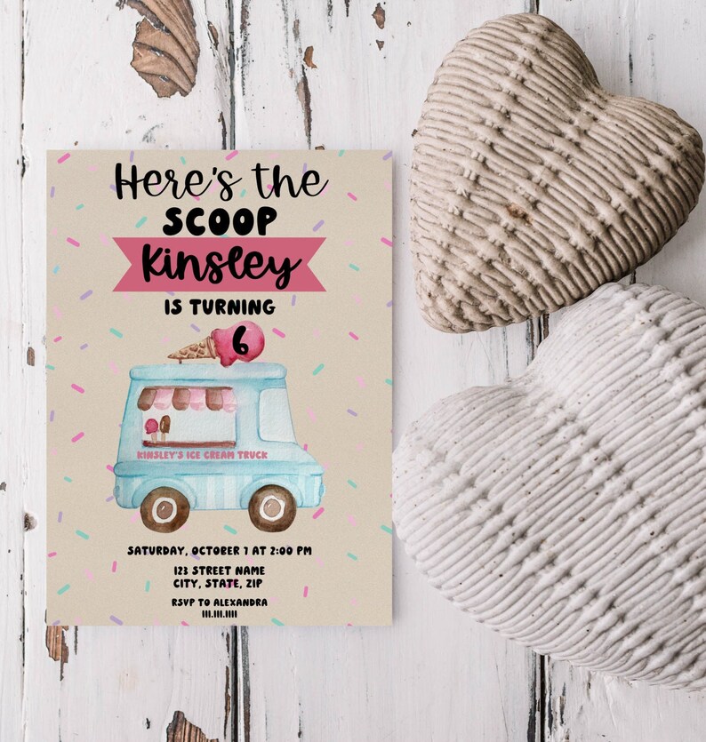 Digital Here's the Scoop Birthday Invitation Ice Cream Sprinkles Ice Cream Truck Editable