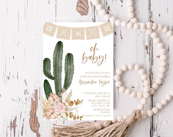 May include: A baby shower invitation with a cactus illustration and the text "oh baby!"  Please join us for a baby shower honoring Alexandra Taylor. Saturday, January 21, 2:00-4:00 PM. The Rust Residence, [Street Name], City, State Zip. Regrets Only. Registered at Target & Amazon.