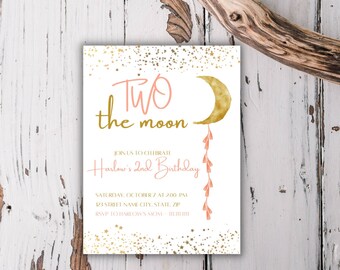 Digital Two The Moon Birthday Invitation - Moon Stars Birthday Invitation - Two The Moon - Girls Second Birthday - Digital Template