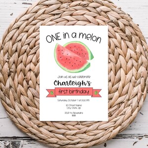 Digital ONE in a Melon Birthday Invitation - One in a Melon - First Birthday - Watermelon Invitation - 1st Birthday - Digital Template