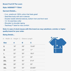 May include: Unisex tee shirt size chart with measurements in inches. The chart shows the width, height, and sleeve length for sizes S through 5XL. The chart also includes a diagram of a tee shirt with the measurements labeled.