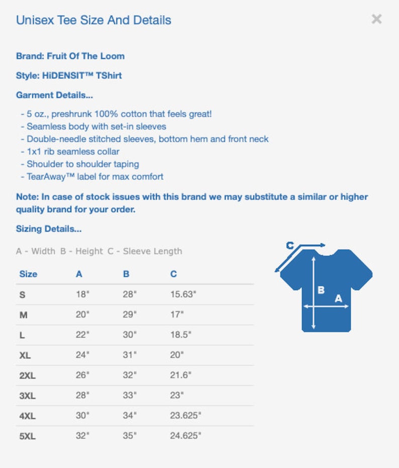 May include: Unisex tee shirt size chart with measurements in inches. The chart shows the width, height, and sleeve length for sizes S through 5XL. The chart also includes a diagram of a tee shirt with the measurements labeled.