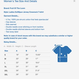 May include: A size chart for women's t-shirts made by Fruit of the Loom. The chart shows the width, height, and sleeve length in inches for sizes S through 3XL. The chart also includes a diagram of a t-shirt with the measurements labelled.