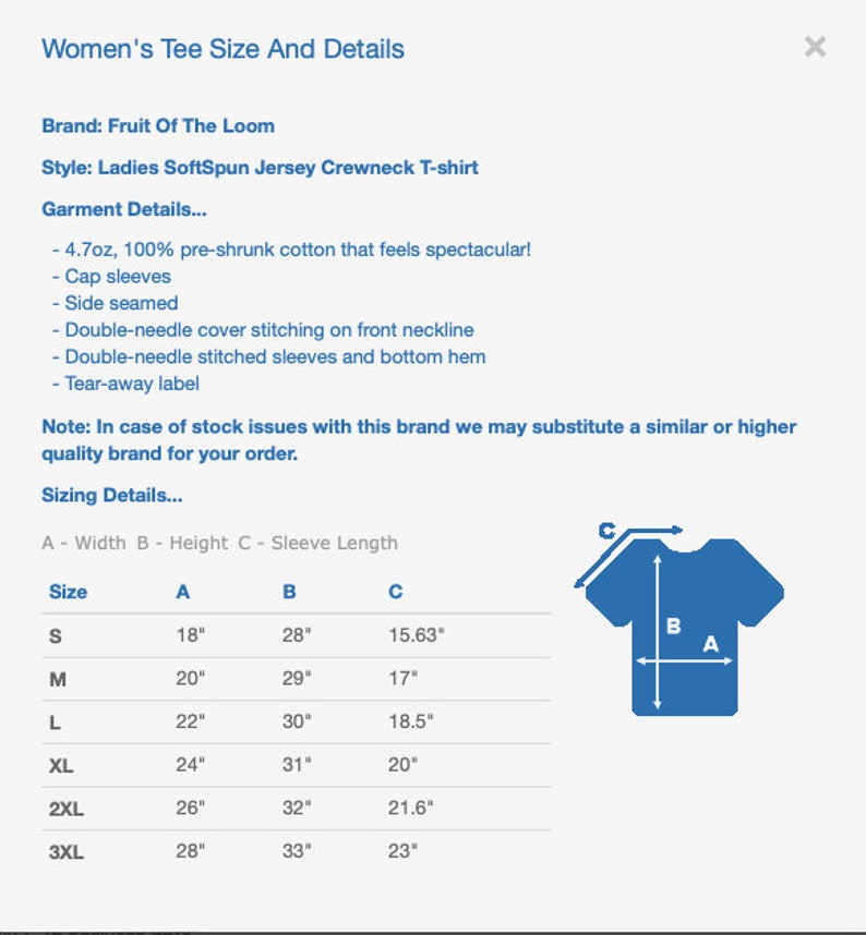 May include: A size chart for women's t-shirts made by Fruit of the Loom. The chart shows the width, height, and sleeve length in inches for sizes S through 3XL. The chart also includes a diagram of a t-shirt with the measurements labelled.
