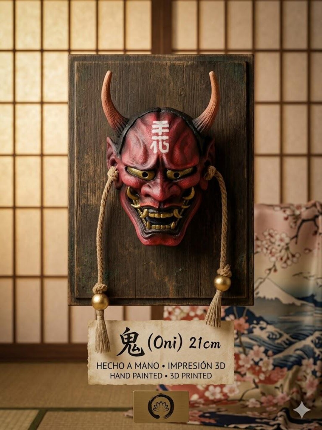 Oni Mask, 21cm Total, 3D Printed, Hand-painted, Gold Finish, Jute Rope ...