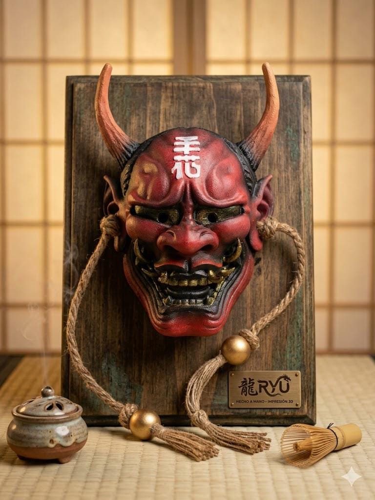 Oni Mask, 21cm Total, 3D Printed, Hand-painted, Gold Finish, Jute Rope ...