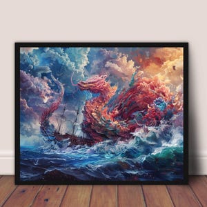 Printable &quot;Neptune&#39;s Revenge&quot; Wall Art Painting Magical Fantasy Visionary Psychedelic Dragon Magic Sea Monster Drawing Digital Download