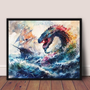 Printable &quot;Perilous Voyage&quot; Wall Art Painting Magical Fantasy Visionary Psychedelic Dragon Magic Sea Monster Drawing Digital Download
