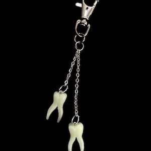 May include: A keychain featuring two realistic tooth charms. The teeth are off-white with visible roots, hanging from a silver chain and clasp against a black backdrop. A unique accessory.