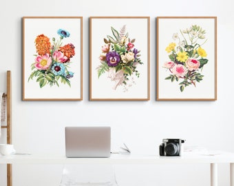 floral art Prints , set of 3 , Wildflower Art , office  Decor