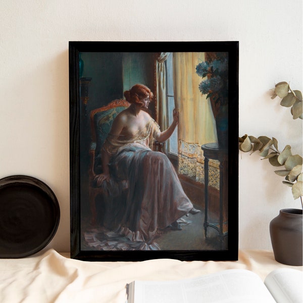 Vintage Art Print, Elegant Woman by Window, Classic Painting Reproduction, Romantic Artwork, Home Decor Wall Art