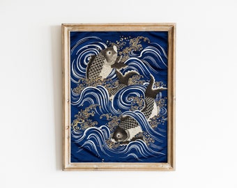 Fukusa with Carp in Waves during Meiji period , Koi Fish print , japanese wall art