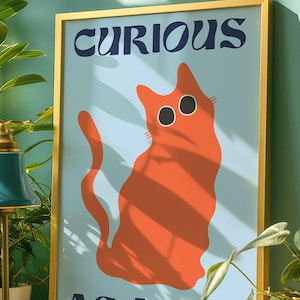 Curious as a Cat Print – Orange Katzen Kunst, Minimalistisches Funky Poster, Retro Mid-Century Dekoration, moderne Bauhaus Illustration, Geschenk für Katzenliebhaber