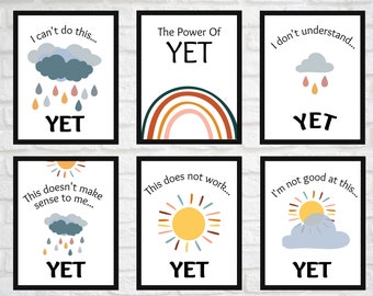 Digital Boho Rainbow Power of Yet Poster Set- Growth Mindset, Classroom Decor, Printables