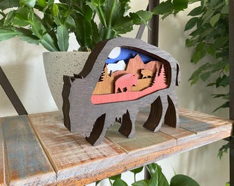 Layered Wooden Bison Scene