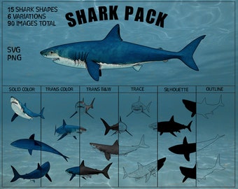 May include: A digital illustration set of 15 shark shapes in 6 variations, including solid color, translucent color, translucent black and white, trace, silhouette, and outline. The set includes 90 images total. The image shows a white shark with a blue background.