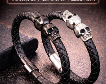 Black Braided Leather Skull Bracelet, Stainless Steel Clasp, Biker Punk Jewelry
