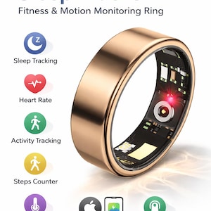 May include: A gold-colored smart ring with the text "Smart Ring Sleep Tracker". The ring monitors sleep, heart rate, activity, steps, and body temperature. Compatible with iOS and Android. The ring is a fitness and motion monitoring device.
