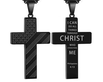 Men's American Flag Cross Pendant Necklace, Black Stainless Steel Faith Jewelry