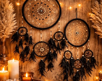 Midnight Pearl Dreamcatcher | Black Boho Wall Hanging with Feathers