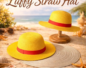 Luffy Straw Hat Cosplay, Anime, One Piece Inspired, Yellow, Halloween Costume Prop