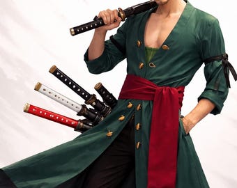 Zoro Cosplay Kimono Costume, Anime Swordsman Robe Outfit with Earrings, Comic Con Uniform