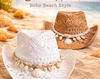 Hand Woven Straw Hat with Shells, Boho Beach Panama Style Summer Vacation Accessory