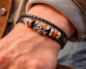 One Piece Straw Hat Leather Woven Bracelet, Retro Punk Anime Jewelry