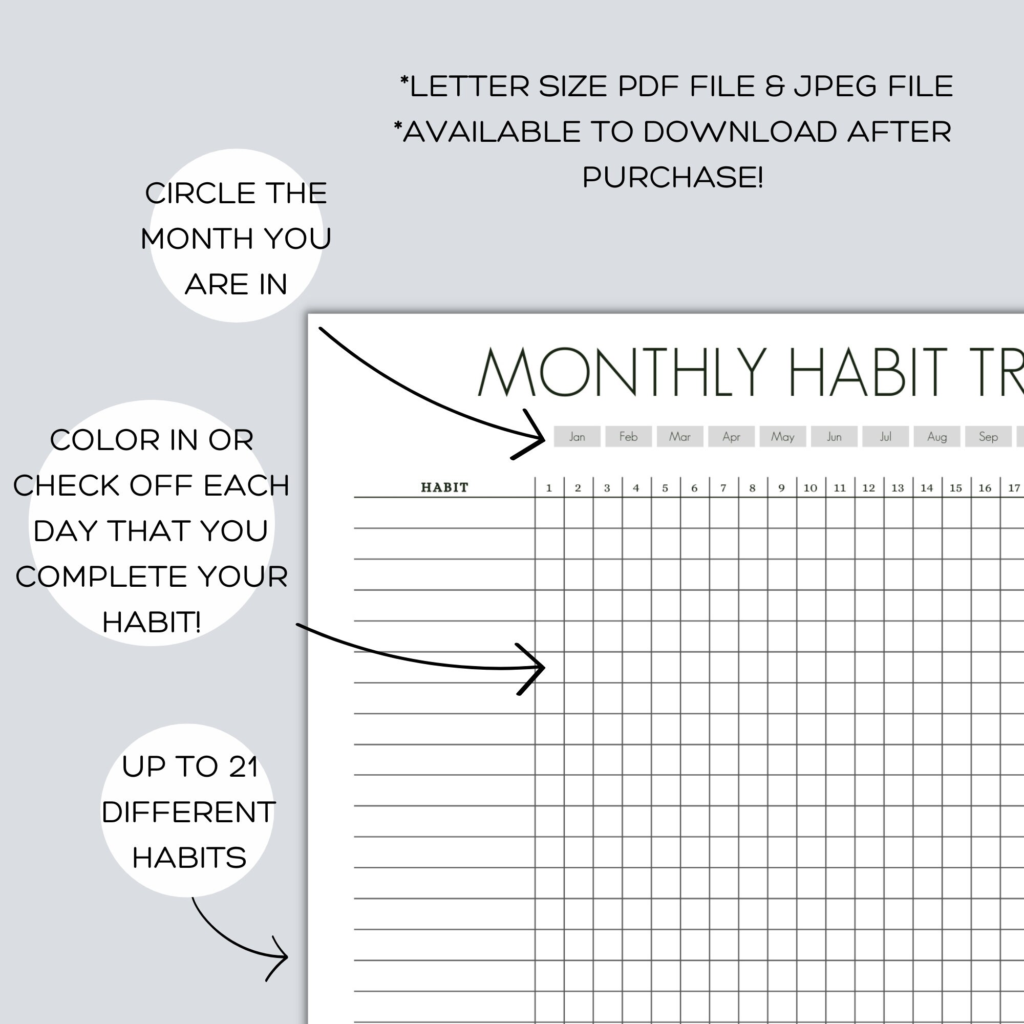 Monthly Habit Tracker - Printable, Letter Size PDF & JPEG, Instant ...