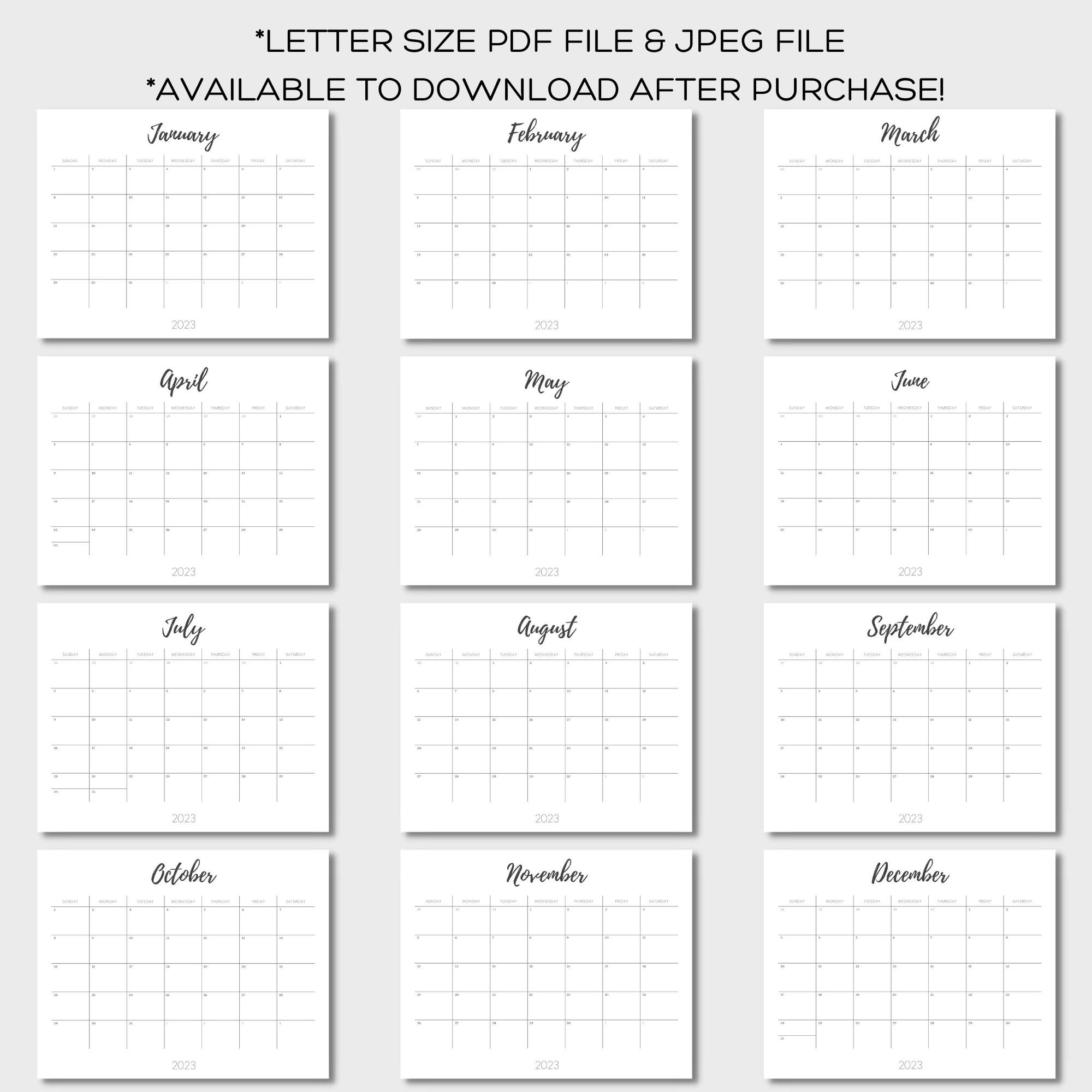 2023 Printable Calendar - Landscape, Digital Download, Letter Size PDF