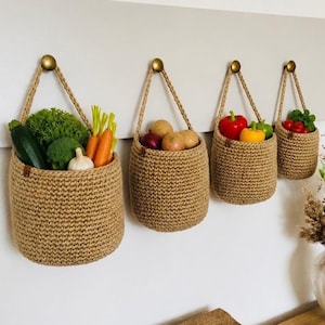 Paniers muraux suspendus, Ensemble de paniers en jute, Panier de légumes, Rangement de cuisine de ferme, Organiseur mural rustique, Panier de vestiaire