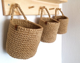 Paniers muraux suspendus, ensemble de paniers en jute, panier de fruits et légumes, paniers rustiques, panier de rangement, panier de cuisine, panier de ferme