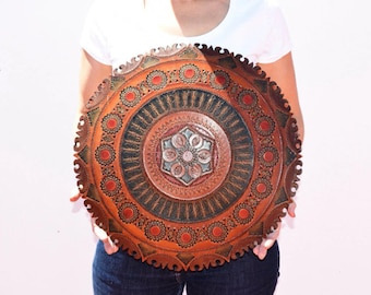 leather mandala, leather sun, leather decoration, ethnic decoration, leather wall decoration, embossed leather