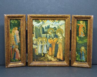 5 inches high 8 inches wide open,small wooden religious triptych,religious decoration,Antique small wooden triptych icon. Artistic